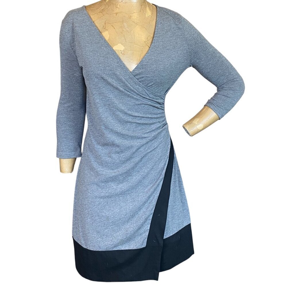 PattyBoutik Faux Wrap Ruched Dress Sz M Black &‎ Gray Waist #346J